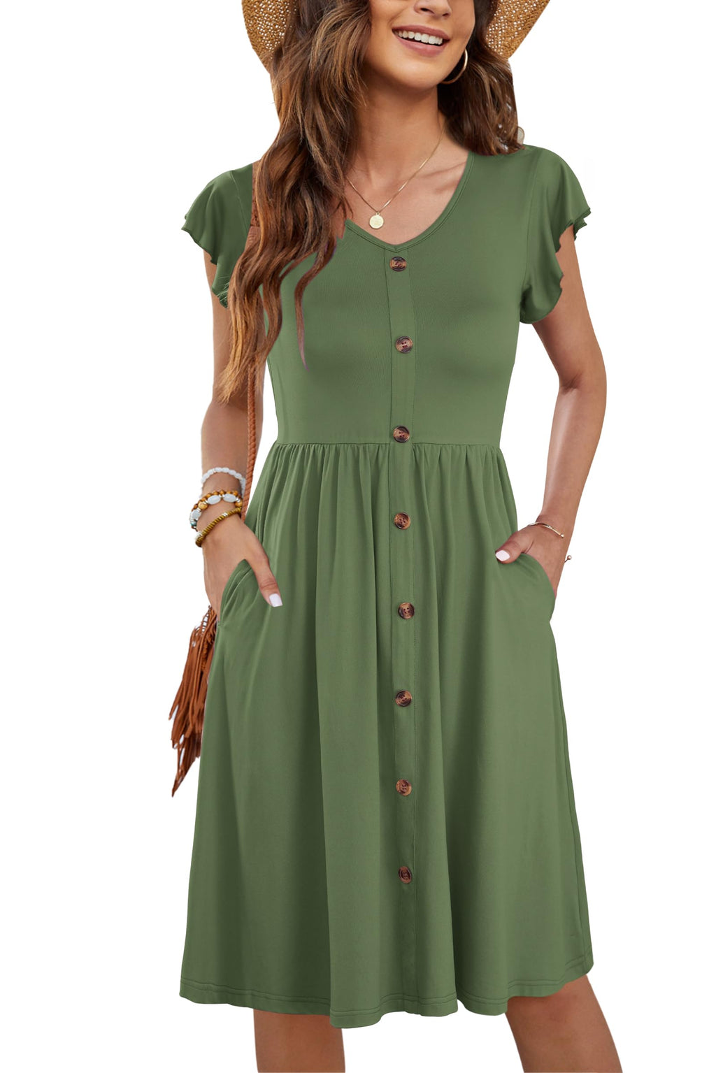 WNEEDU Women Summer Dresses Sleeveless Casual Loose Swing Button Down Midi Dress with Pockets(Army GreenL)