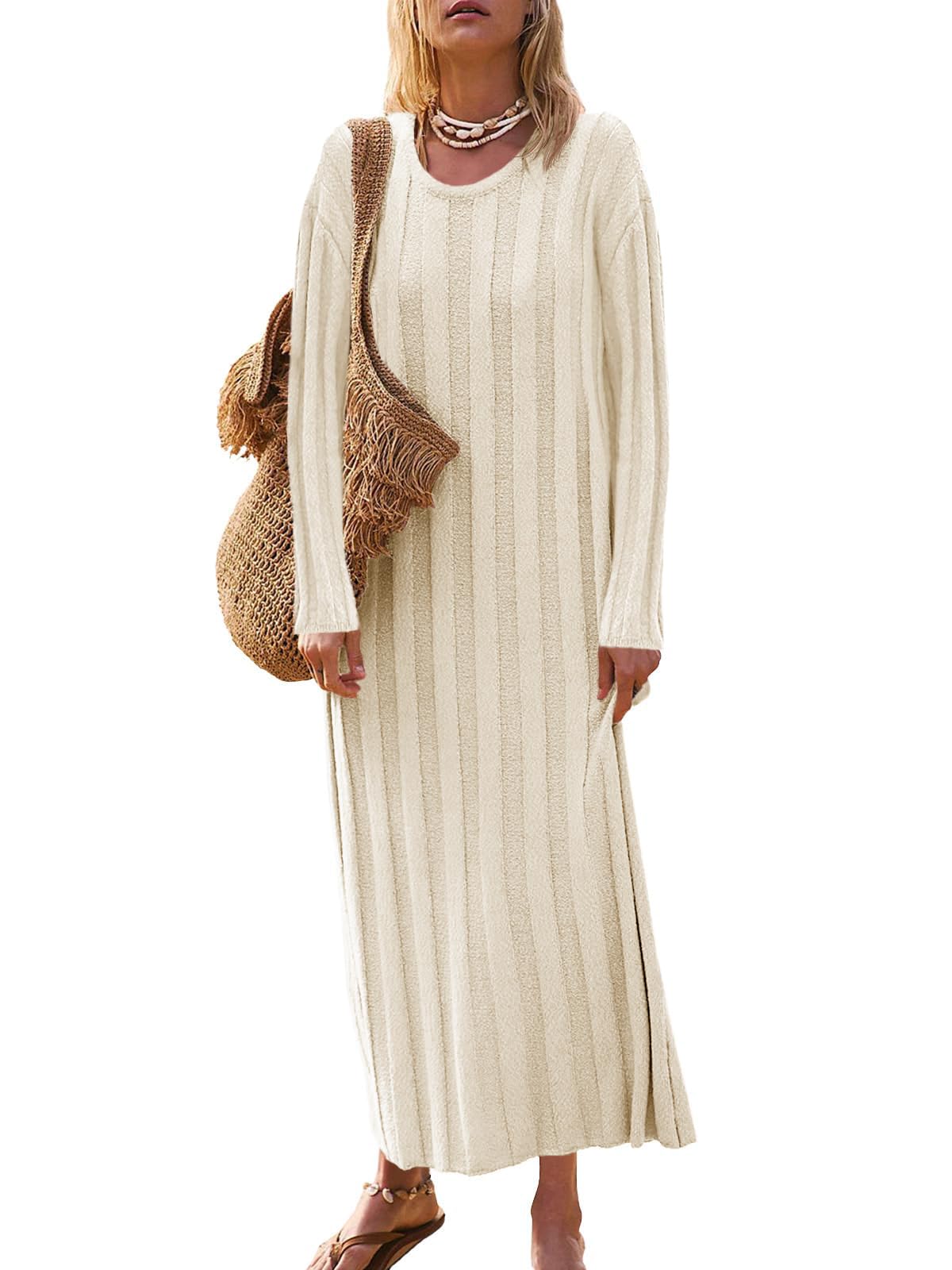 Saodimallsu Womens Crewneck Sweater Dress Long Sleeve Ribbed Knit Midi Fall Pullover Sweater Dresses Beige