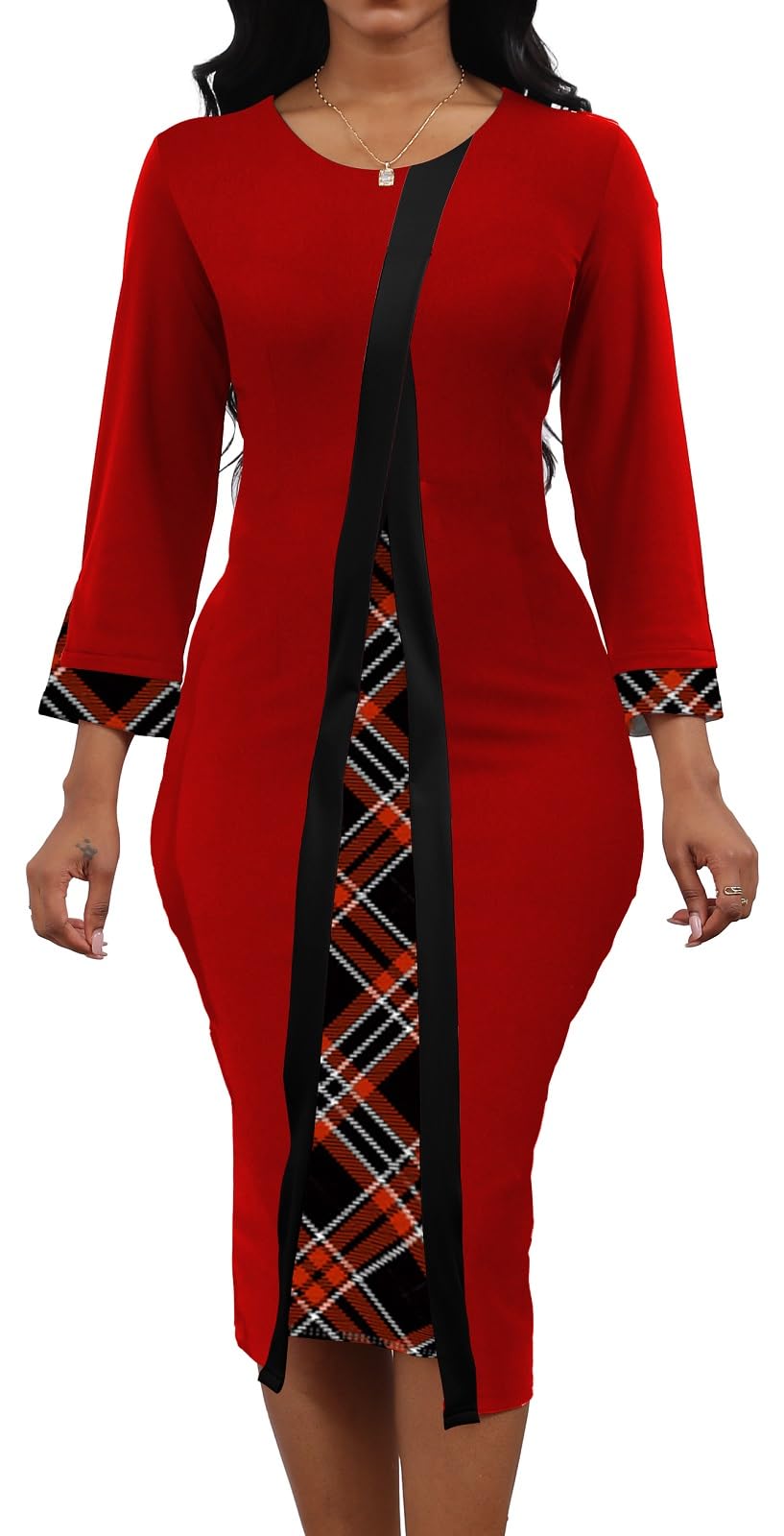 Womens African Print Dress Church Dresses Work Business Bodycon Sleeve Round Neck Red Pencil Dresses