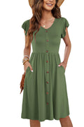 WNEEDU Women Summer Dresses Sleeveless Casual Loose Swing Button Down Midi Dress with Pockets(Army GreenL)