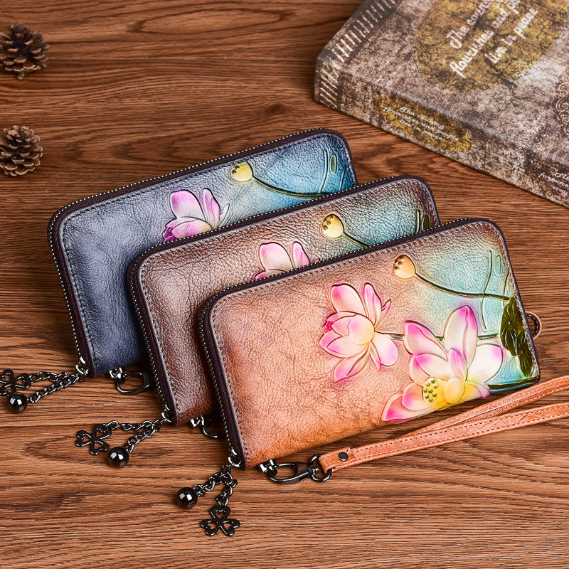 Women's Zipper Embossed Cowhide Coin Purse