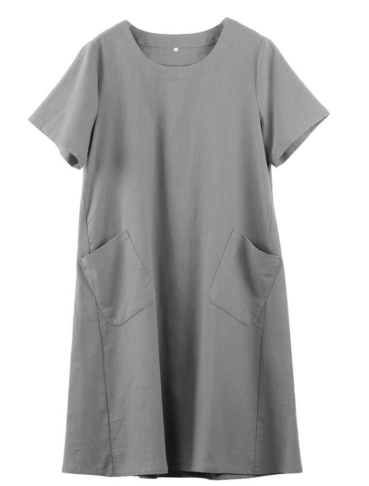 FTCayanz Womens Linen Shirt Dresses Summer Casual Short Sleeve Plaid Tunic Midi Dress Gray XL