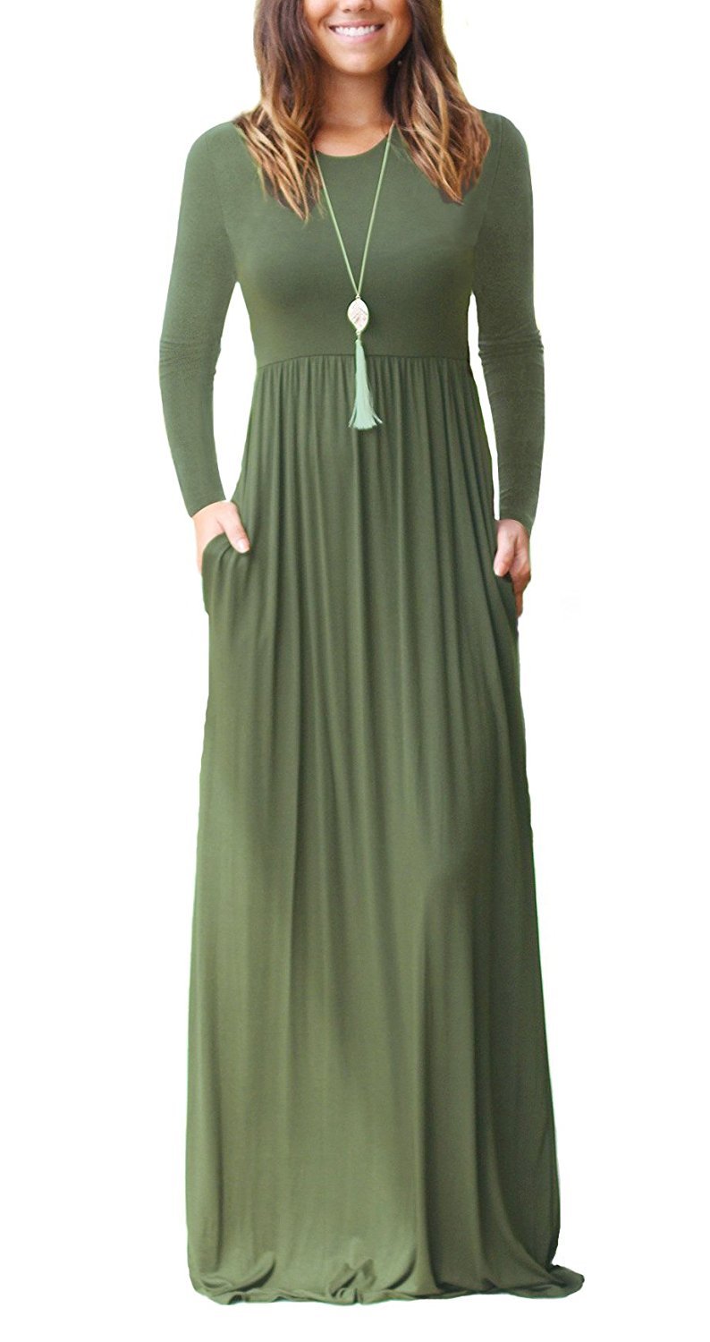 PCEAIIH Womens Long Sleeve Loose Plain Long Maxi Casual Dresses with Pockets Army Green Large