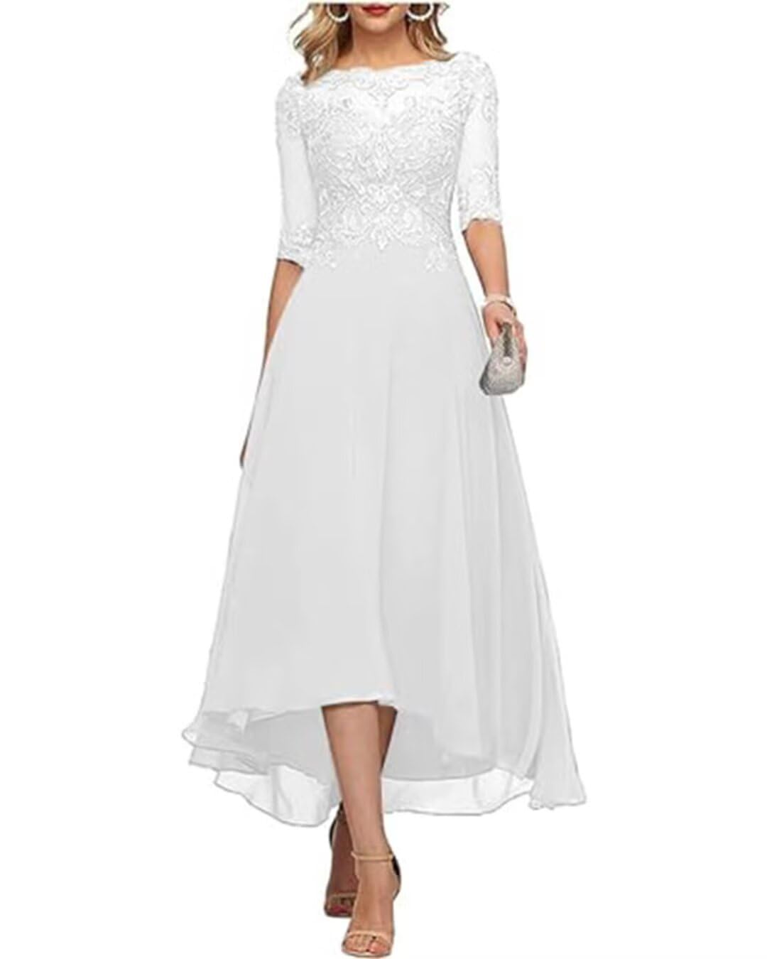 Mother of The Bride Dresses White Lace Appliques Beaded Tea Length Formal Evening Gowns
