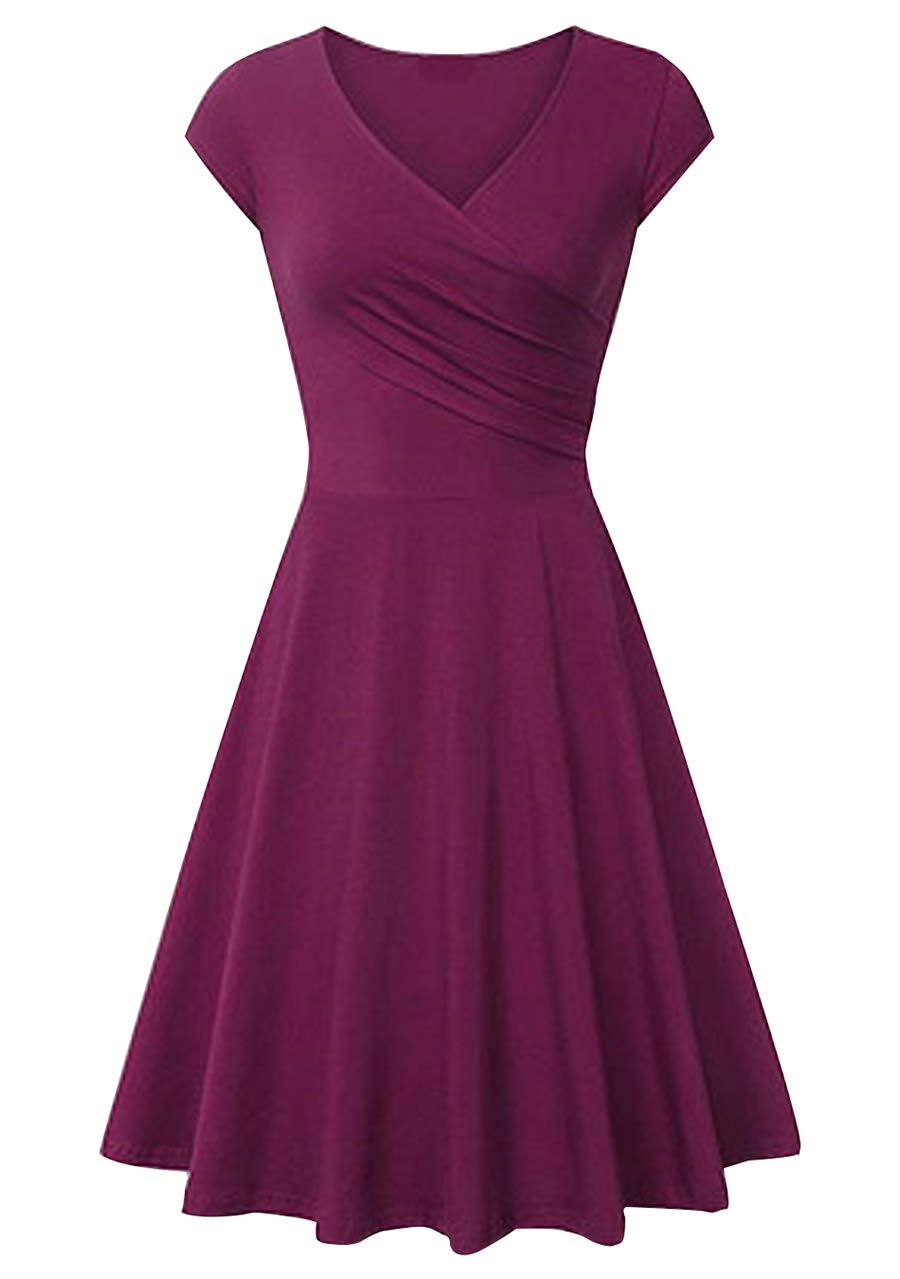 OMZIN Womens Cross V Neck Dresses Cap Sleeve Casual Flared A Line Dress Dark Red XS