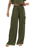 PEIARA Womens Wide Leg Cargo Pants Flowy Casual Palazzo Pleated Trouser Woman Elastic High Waisted Loose Fit Lounge Pant Comfy 2025 ArmyGreen