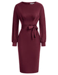 JASAMBAC Womens Bodycon Pencil Dresses Long Sleeve Business Wear to Work Dress with Belt