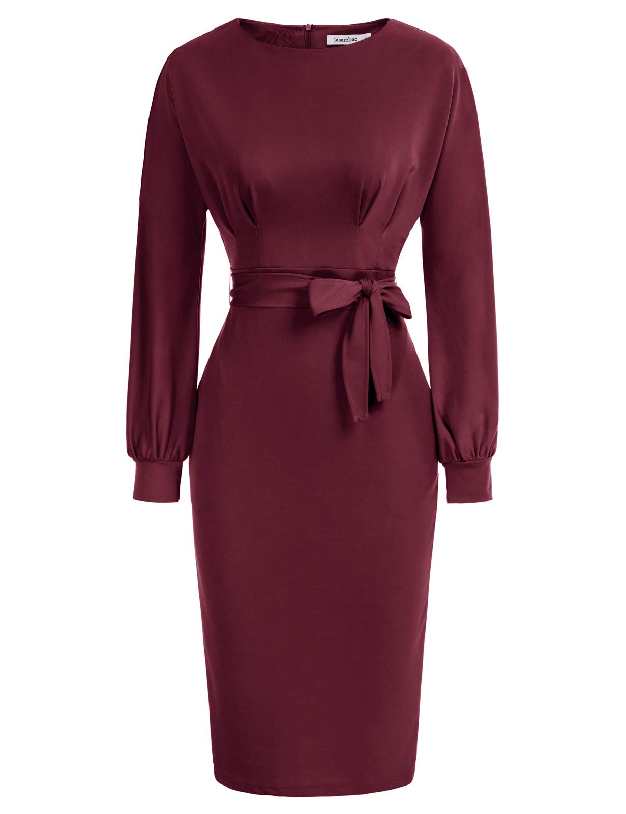 JASAMBAC Womens Bodycon Pencil Dresses Long Sleeve Business Wear to Work Dress with Belt