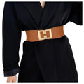 LEACOOLKEY Womens Elastic Wide Belt Gold Buckle Stretchy Waist Cinch Belt for Dresses Brown