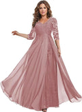 PUXIU Plus Size Pleated Lace Applique Bridesmaid Dresses V Neck 2025 Long Sleeve Chiffon A Line Mother of The Bride Dresses for Wedding Dusty Rose 18W