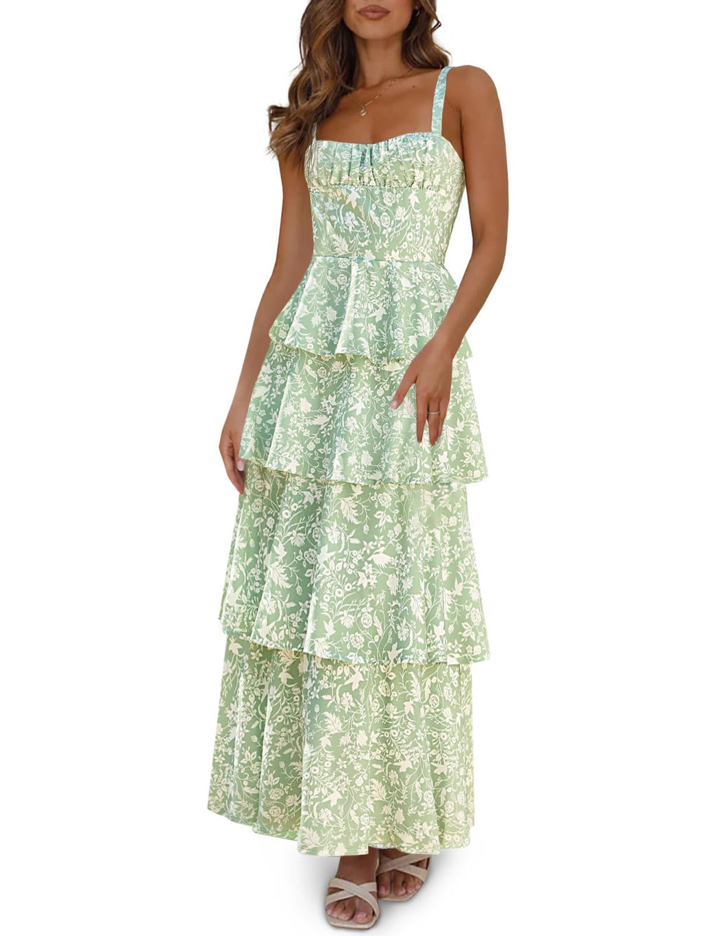 Fisoew Womens Floral Maxi Dresses Spaghetti Strap Casual Sleeveless Ruffle Flowy Tiered Dress