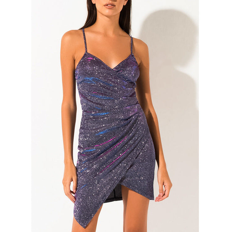Sexy Rhinestone Laser Chain Strap Dress