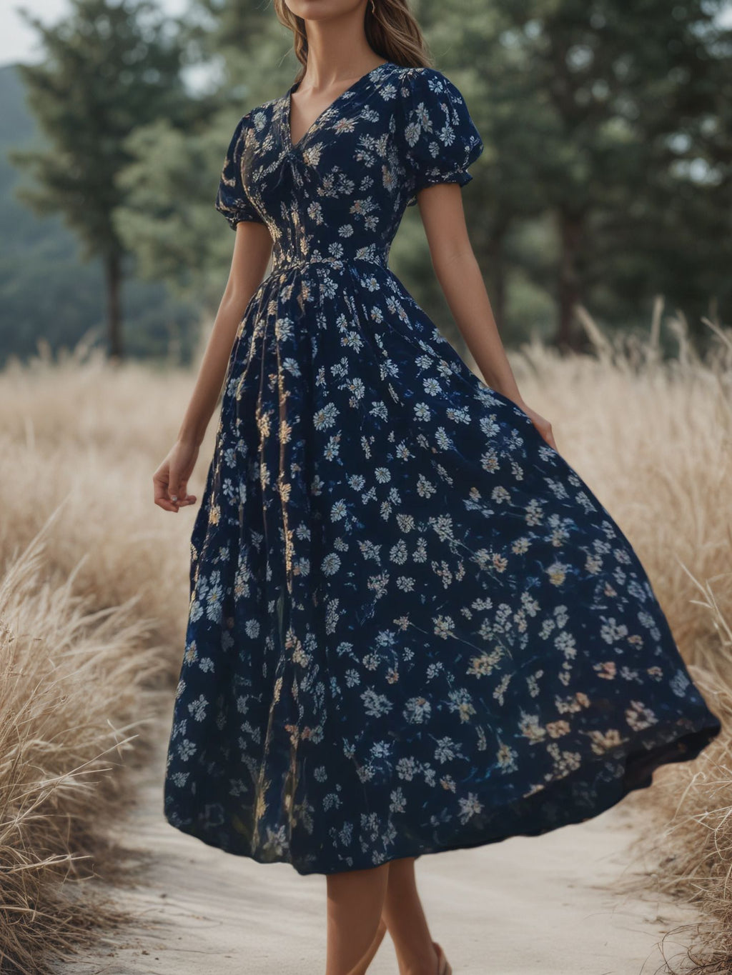 Printed V-neck loose short sleeved women's dress