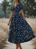 Printed V-neck loose short sleeved women's dress