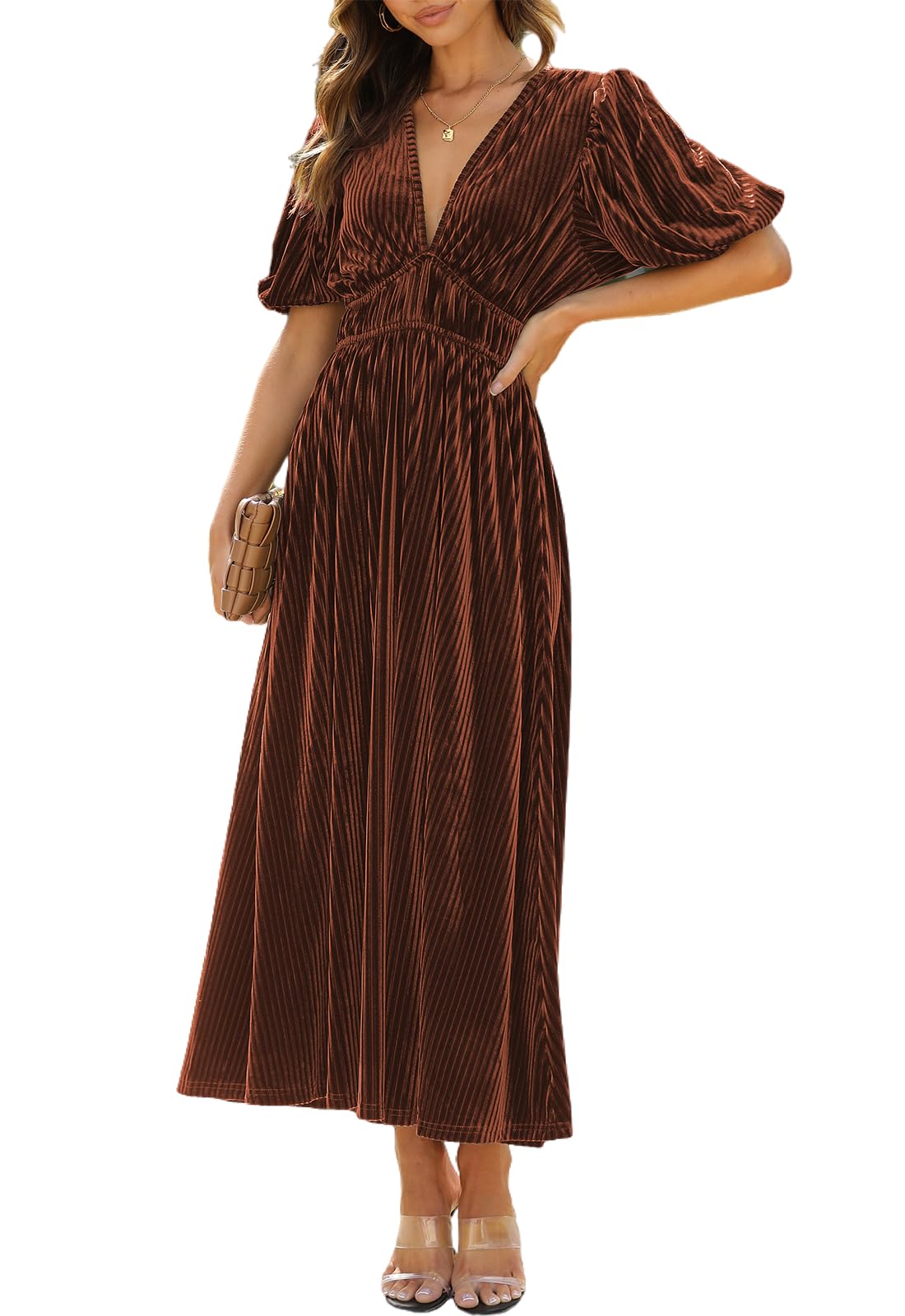 Maxigerui Womens Velvet Maxi Dress Formal Dresses for Wedding Guest Dress Coffee Brown M