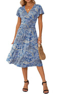 GRECERELLE Summer Casual Dress for Women Short Sleeve V-Neck Beach Dresses(Medium Floral Cashew Blue)