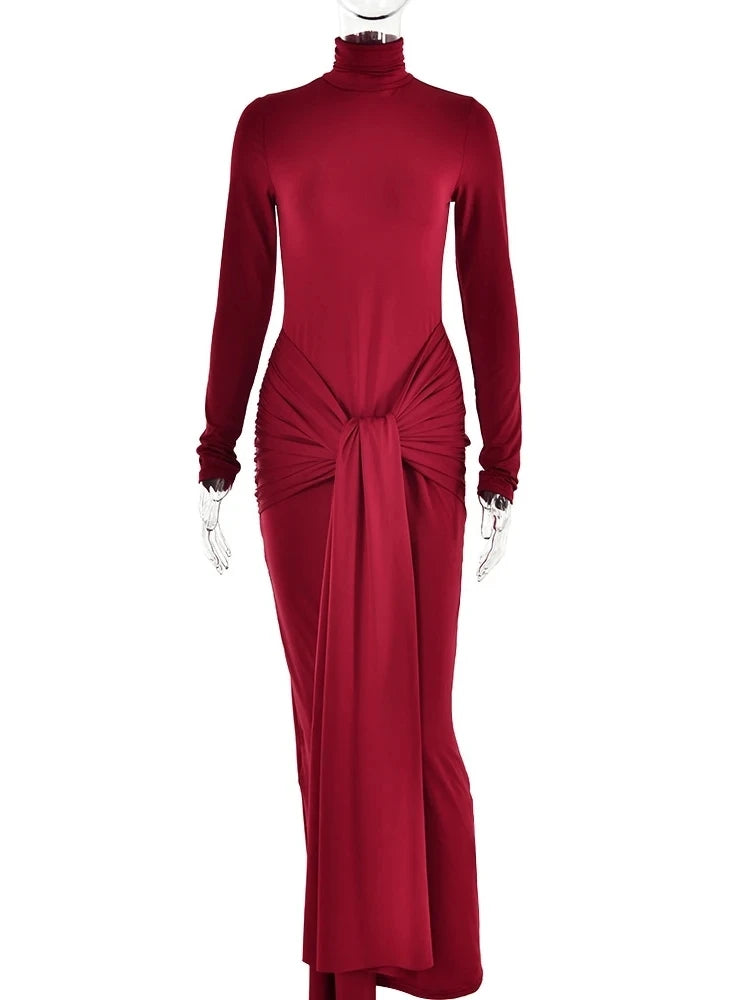 Solid Slimming Bodycon Sexy Dresses For Women Stand Collar Long Sleeve High Waist Patchwork Folds Dress Female