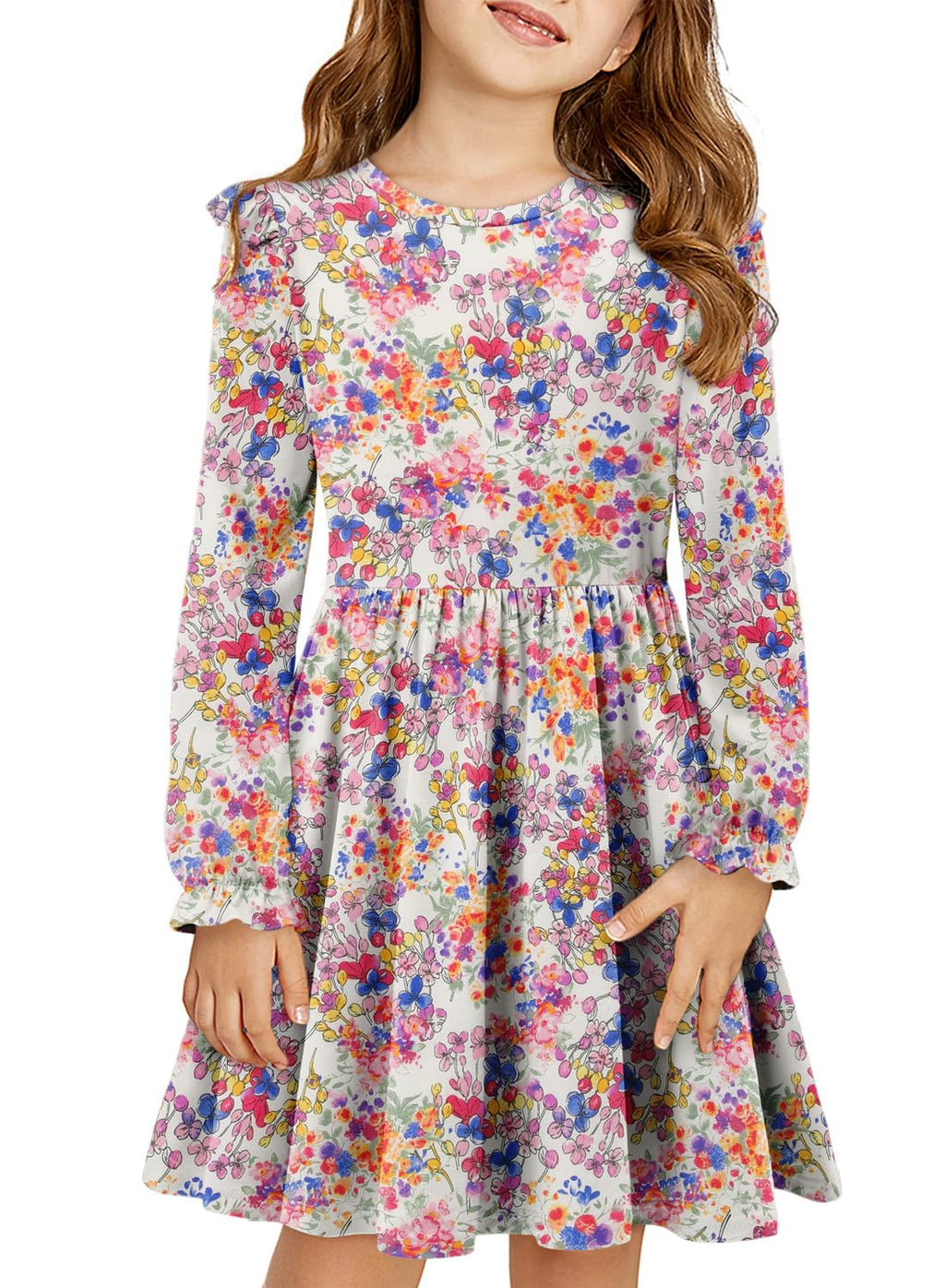 Yoklass Girls Dress Long Sleeve Round Neck Casual Flower Printed Knee Length Dresses 12-13 Years