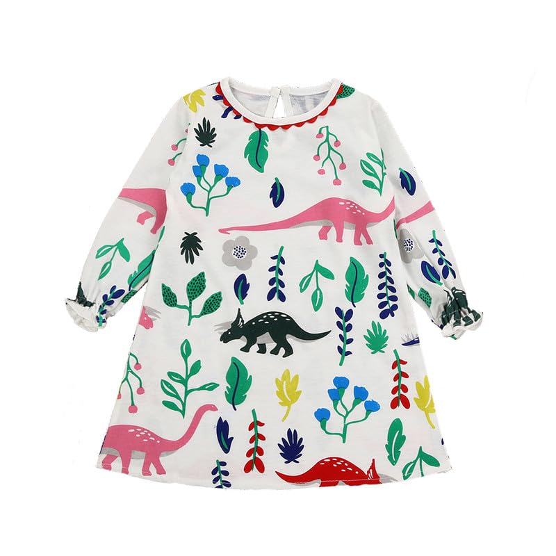 Girls Long Sleeve Cotton Dress with Cartoon Dinosaurs Pattern Casual Dresses 3T