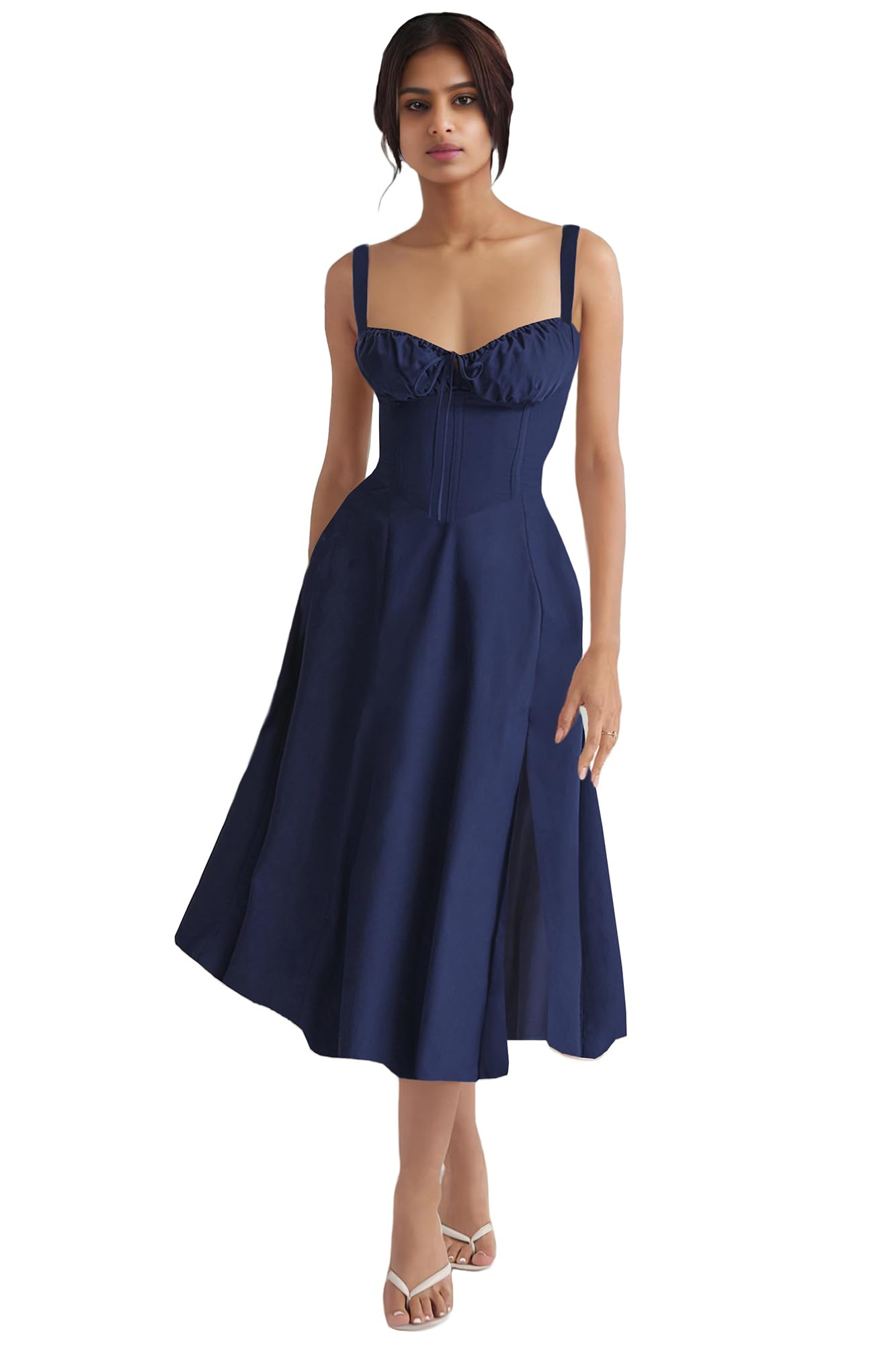 GOLDSTITCH Womens Floral Midi Dress Boho Flowy Slit Dresses Navy