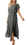 ECOWISH Womens Summer Maxi Dresses: Crew Neck Ruffle Cocktail Dress Sexy Pleated Slit Long Sundresses Grey Medium