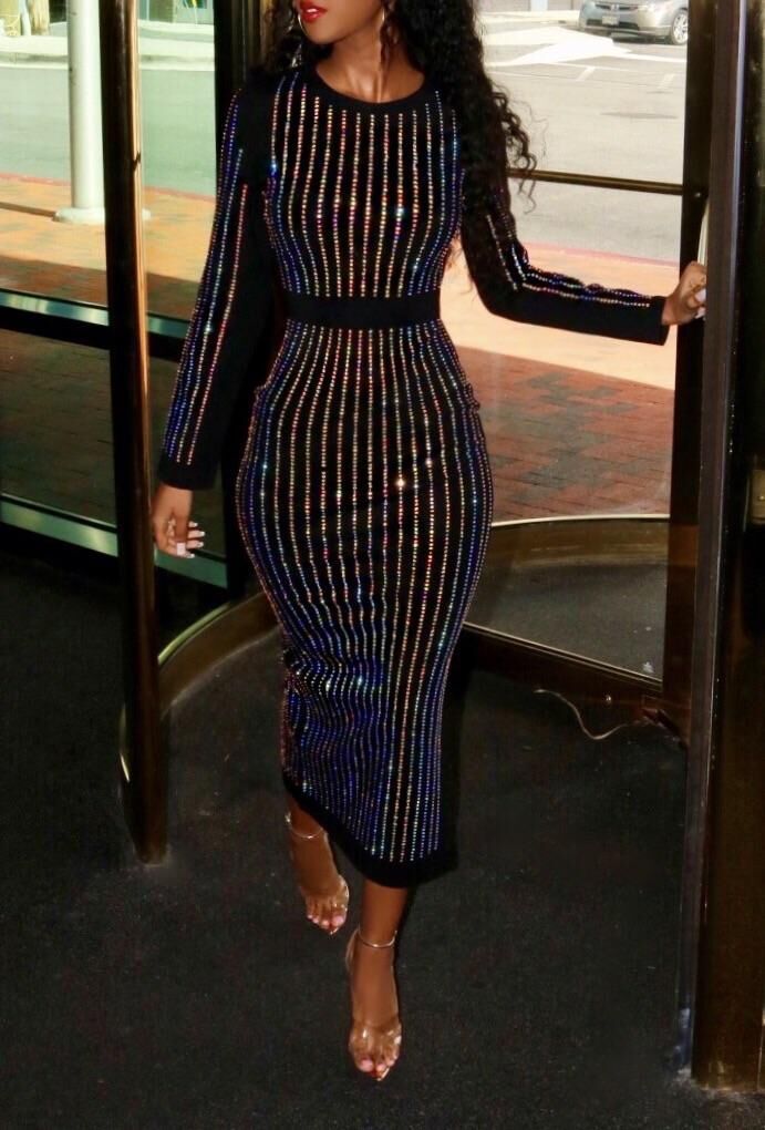 Sexy Rhinestone Bodycon Long Sleeve Dress