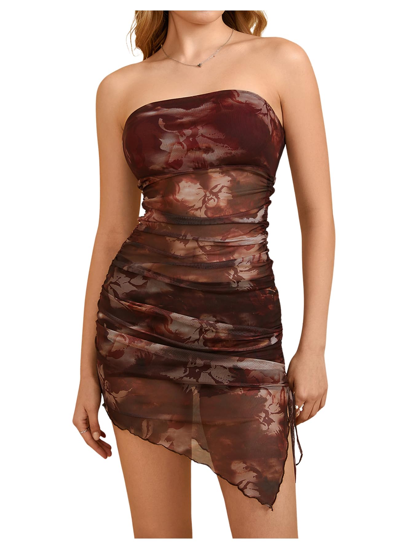 MakeMeChic Womens Tie Dye Y2k Mesh Mini Dress Strapless Bodycon Tube Dresses Red Petite-M