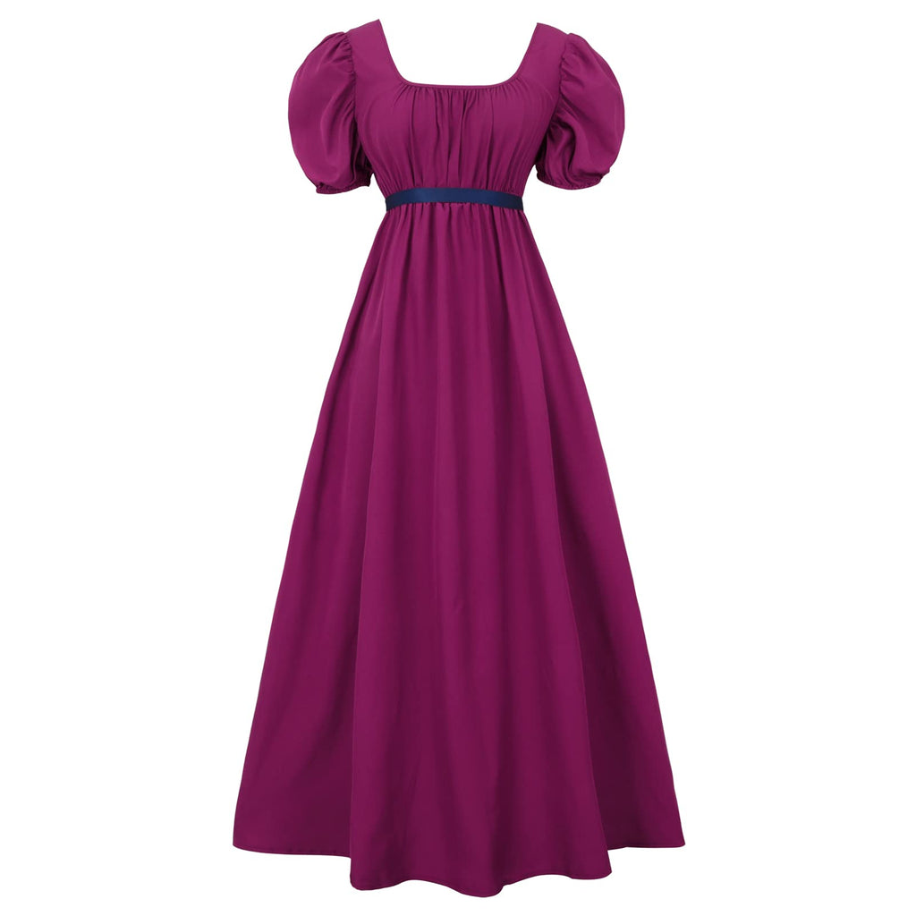 HEQU Regency Dresses for Women with Satin Sash Ruffle Empire Waist Dress Gown(L Purple)