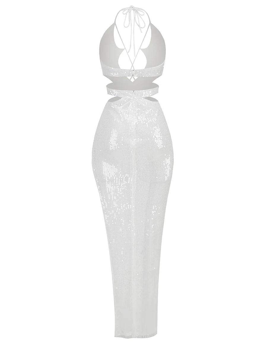 Fashion Party Dress Women Sexy Hollow Out Sleeveless White Sequins Tight Long Dresses Vestidos