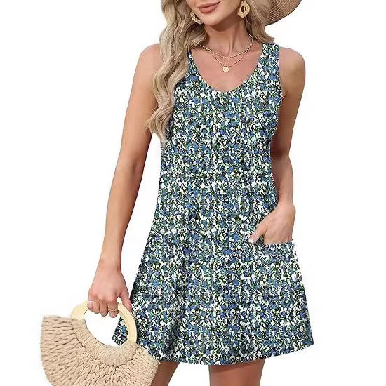 Summer Beach Loose V-Neck Sleeveless Pocket Dress with Pockets Tank Dress