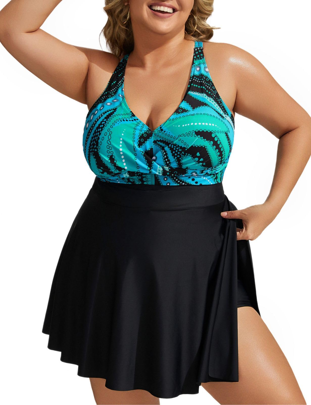 Hanna Nikole Bathing Suit Plus Size Dresses for Curvy Women Sexy Swimwear Blue Ripples 20 Plus