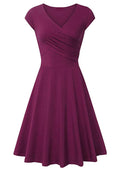 OMZIN Womens Cross V Neck Dresses Cap Sleeve Casual Flared A Line Dress Dark Red XS