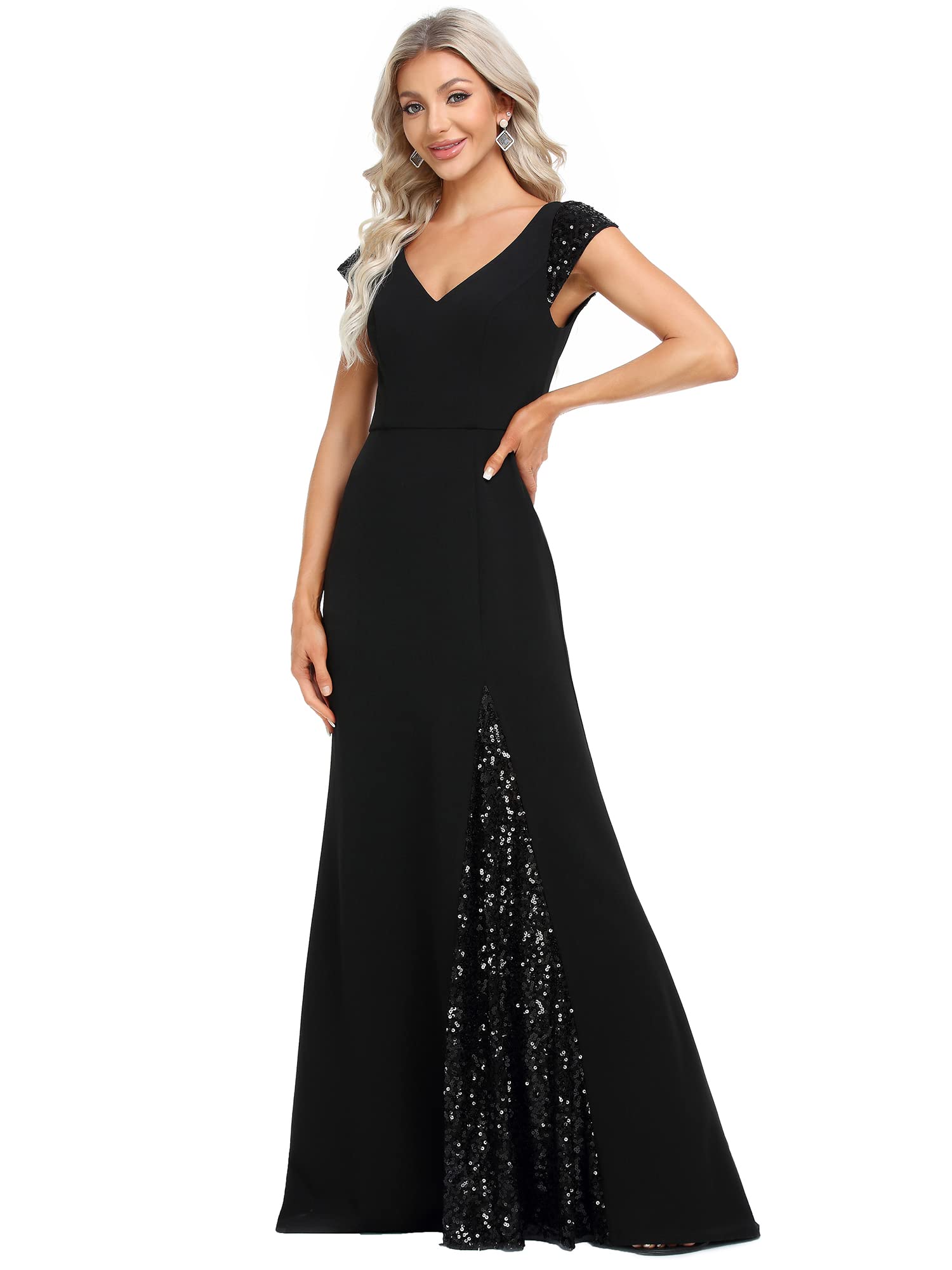 Ever-Pretty Womens Mermaid V Neck Cap Sleeve Fishtail Floor Length Evening Dresses Black US12
