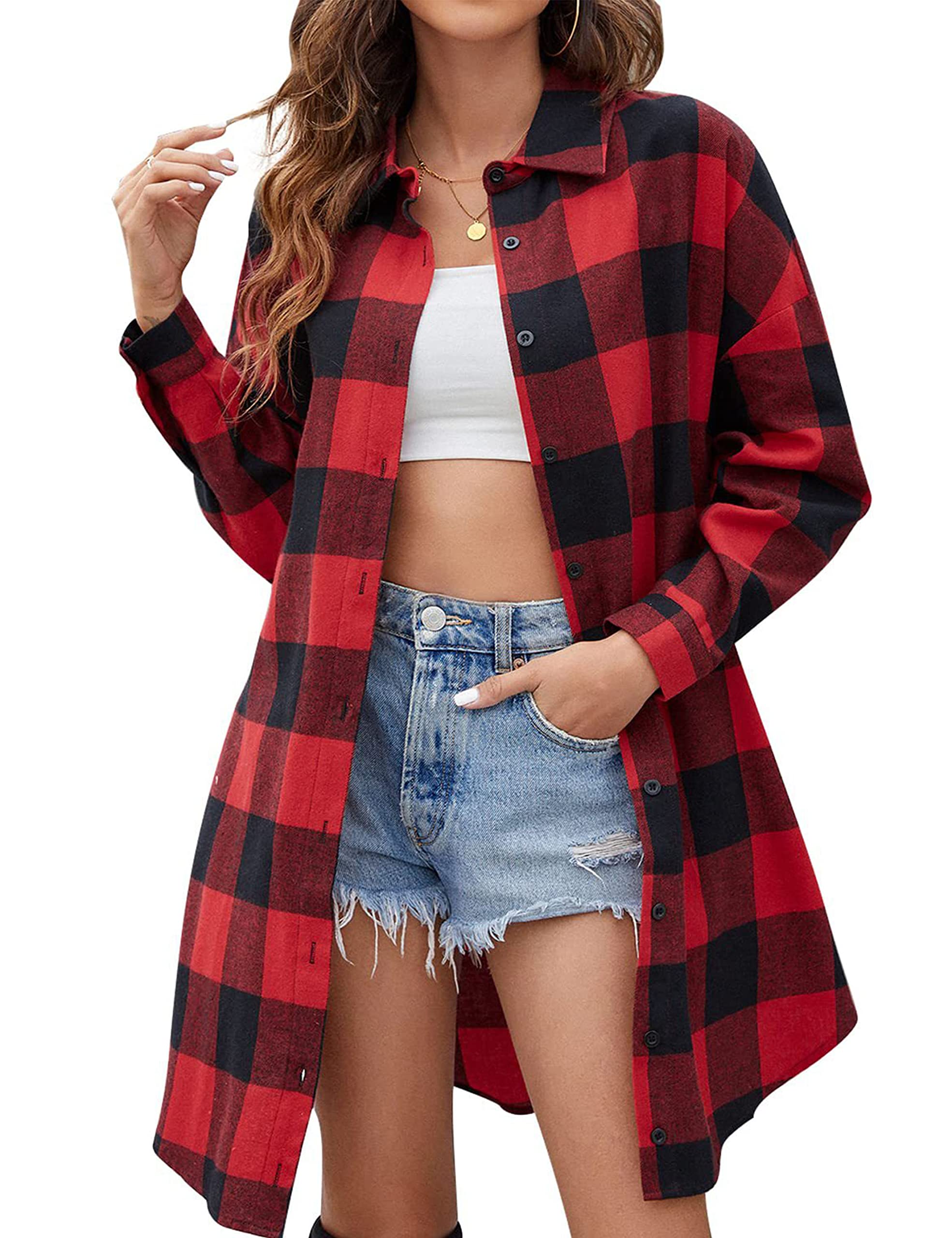 HangNiFang Long Flannel Shirts for Women Button Down Plaid Shirts Dresses Pocketed(0652-BrightRedX1-S)