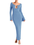 Fisoew Womens Long Sleeve Knit Dresses V Neck Tie Front Solid Bodycon Sexy Party Maxi Dress Blue