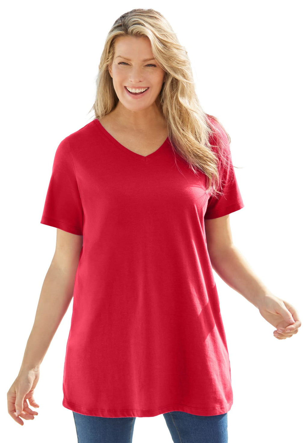 Woman Within Womens Plus Size Perfect Short-Sleeve V-Neck Tunic - M Classic Red