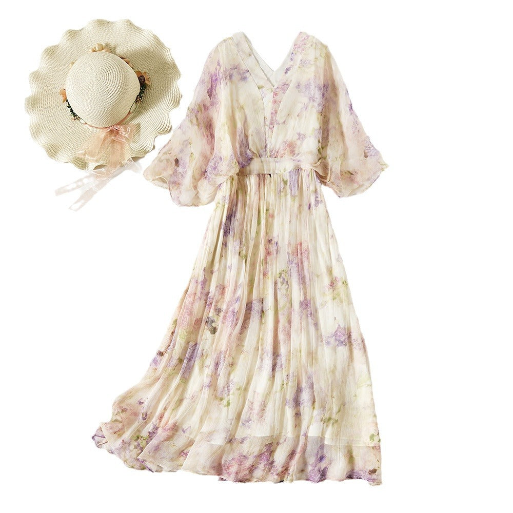Elegant Silk Dress for Women, Floral Print, Chiffon, Long Beach Dress  Satin Fabric, Summer Dress