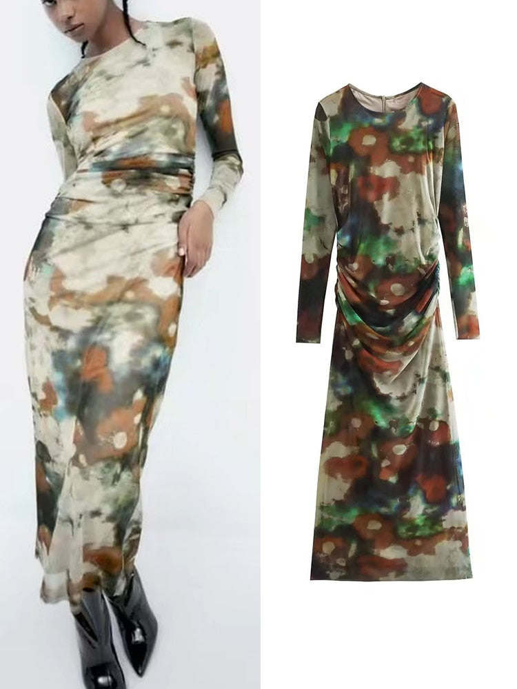 Women Tulle Mid-Calf Dresses Spring Elegant O-neck Slim Party Sexy Vestidos Fashion Long Sleeve Back Zipper Dresses