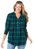 Woman Within Womens Plus Size Pintucked Flannel Shirt - 1X Rich Jade Plaid