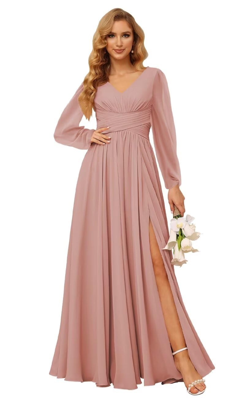 Dessiny V Neck Bridesmaid Dresses Dusty Rose for Women with Pockets Pleated Split Long Sleeves Bridesmaid Dresses Chiffon Formal Evening Dress with Slit US6
