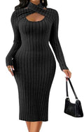 Women Bodycon Ribbed Sweater Dress Sexy Hollow Out Long Sleeve Black Stretchy Pullover Dresses