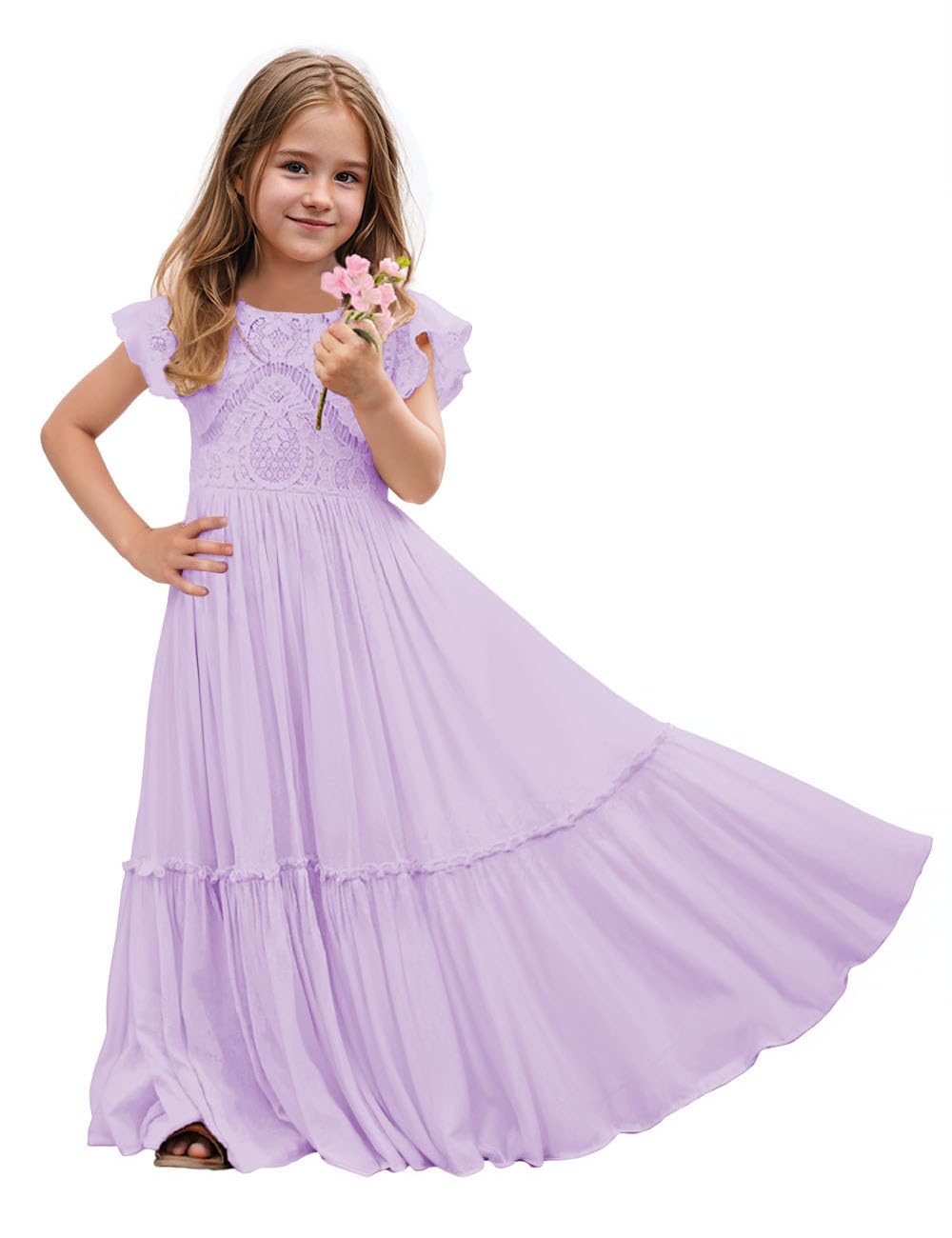JISISANG Fairy A-Line Flower Girl Dresses for Wedding Formal Dress Lace Embellished Ruffle Sleeves First Communion Dress Boho Party Holiday Dresses Lilac 10