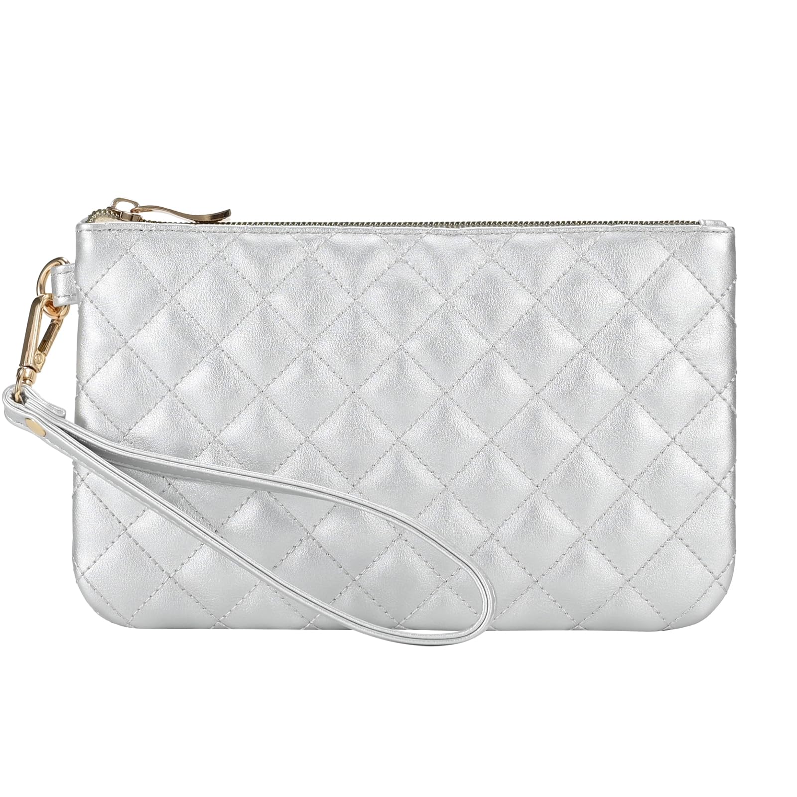 GAYI URBAN Quilted Wristlet Purse for Women Vegan Leather Wristlet Pouch Zip Clutch Bag Evening Clutch Purse with strap (Silver)
