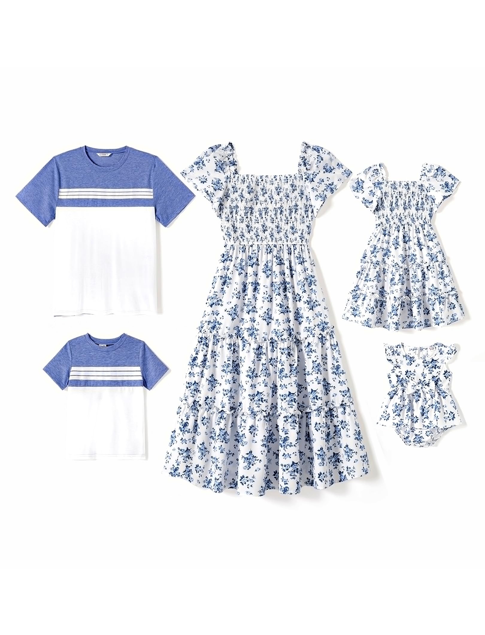 PATPAT Family Matching Outfits for Photoshoot Matching Dresses for Mom and Girls Boho Blue Dusty Floral Print Square Neck Puff Sleeve Smocked Tiered Long Beach Sun Dresses for Toddler Girl 4t 5t