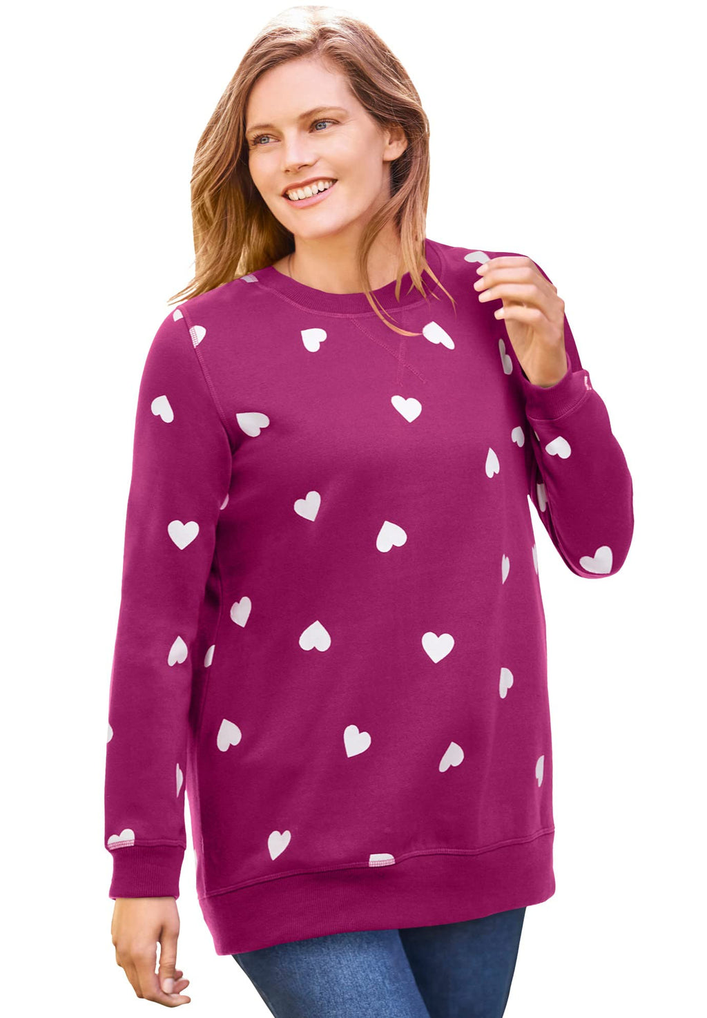 Woman Within Womens Plus Size Printed Sweatshirt - 2X Raspberry Hearts