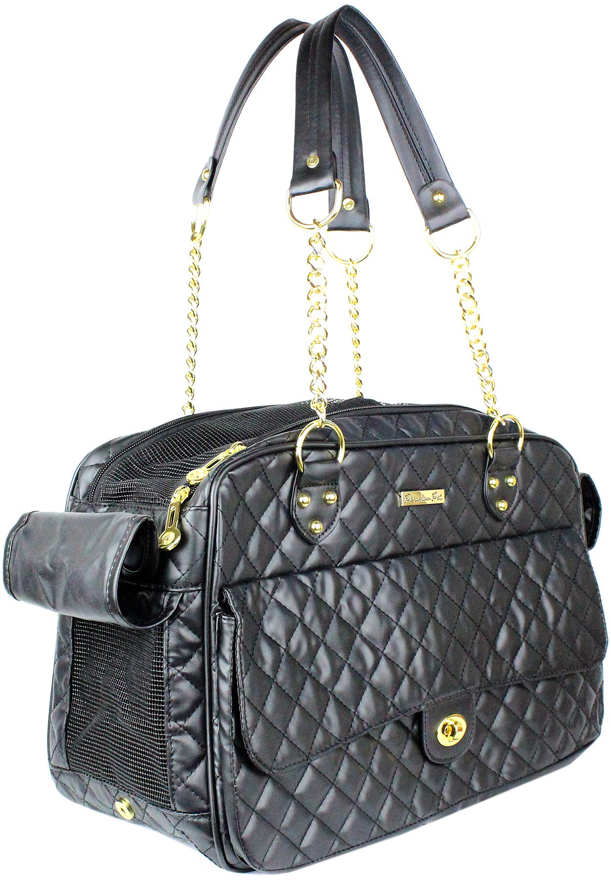 Parisian Pet Dog Purse – London Black Breathable Pets Purse - Fashion Pet Carrier Purse - Purse for Dog Carrying Small and Medium Dogs - Dog Purse Carrier - Golden Chain Puppy Carrier Handbag