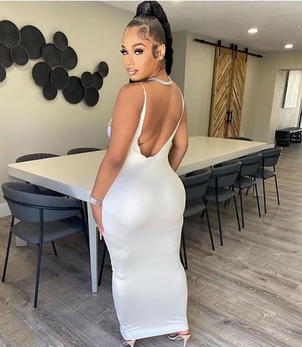 Fashion Sexy Printed Backless Strap Dress Women Long Dress