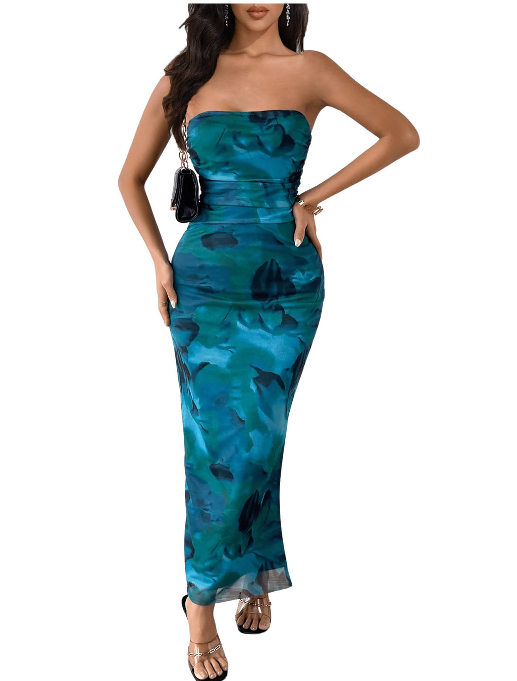 Milumia Womens Printed Strapless Tube Top Long Dress Slit Hem Sleeveless Bodycon Maxi Dresses Blue Small