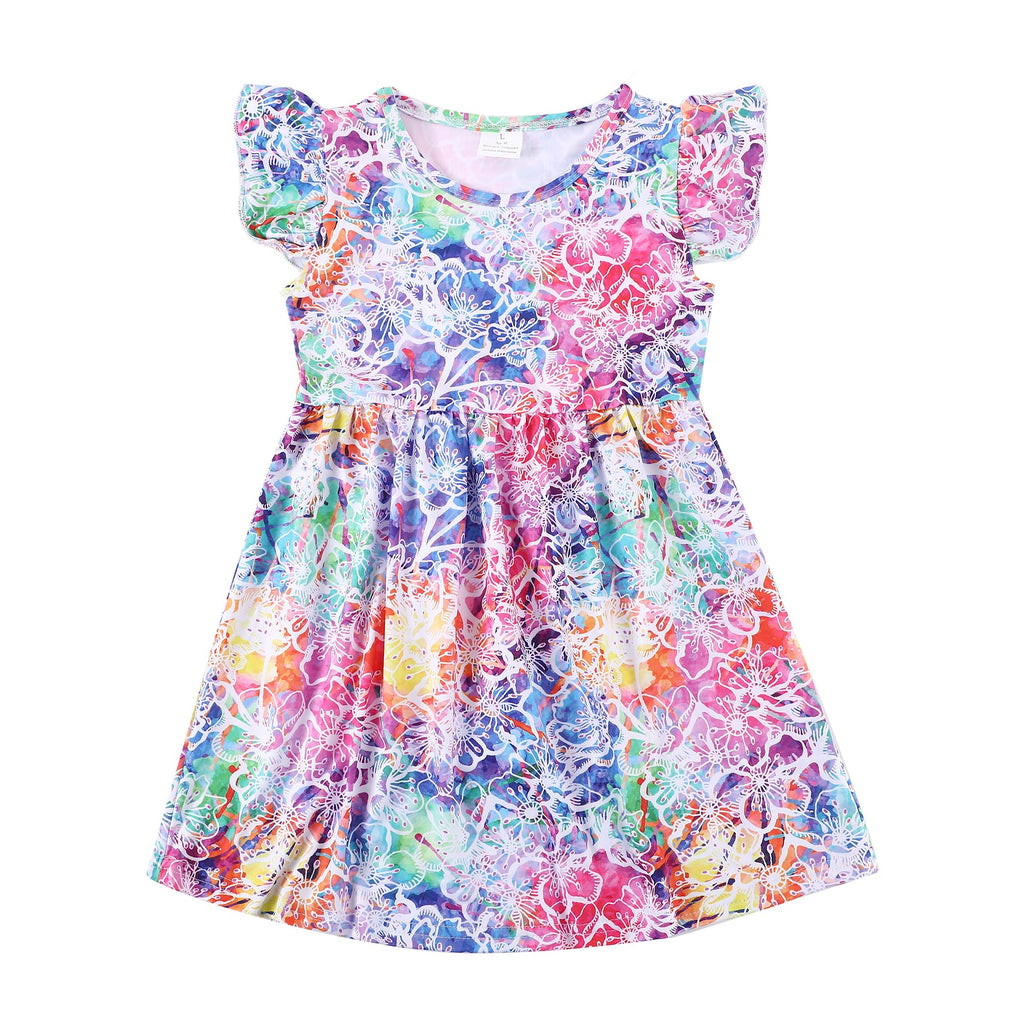 FutirO Toddler Girls Dress Colorful Tie-Dye Print Dresses Flutter Sleeve 5-6Y