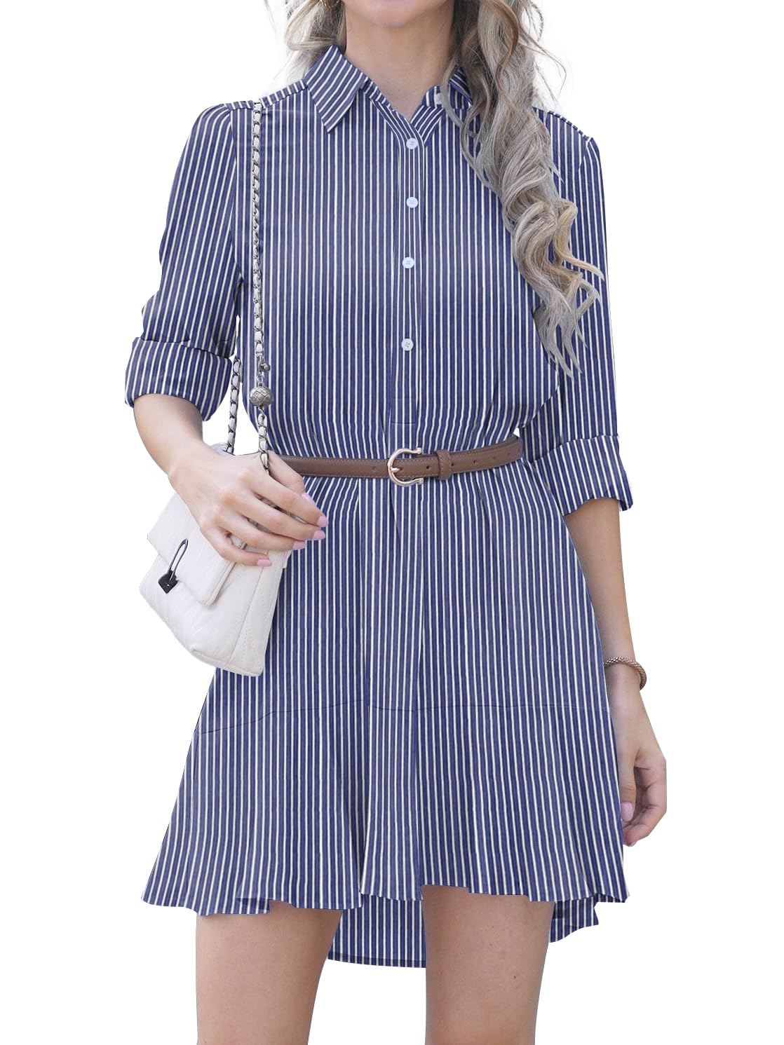 kipfall Womens Dresses Collared Tunic Shirt Dress Long Sleeve Button Up Short Dress Ruffle Hem Shift Dresses